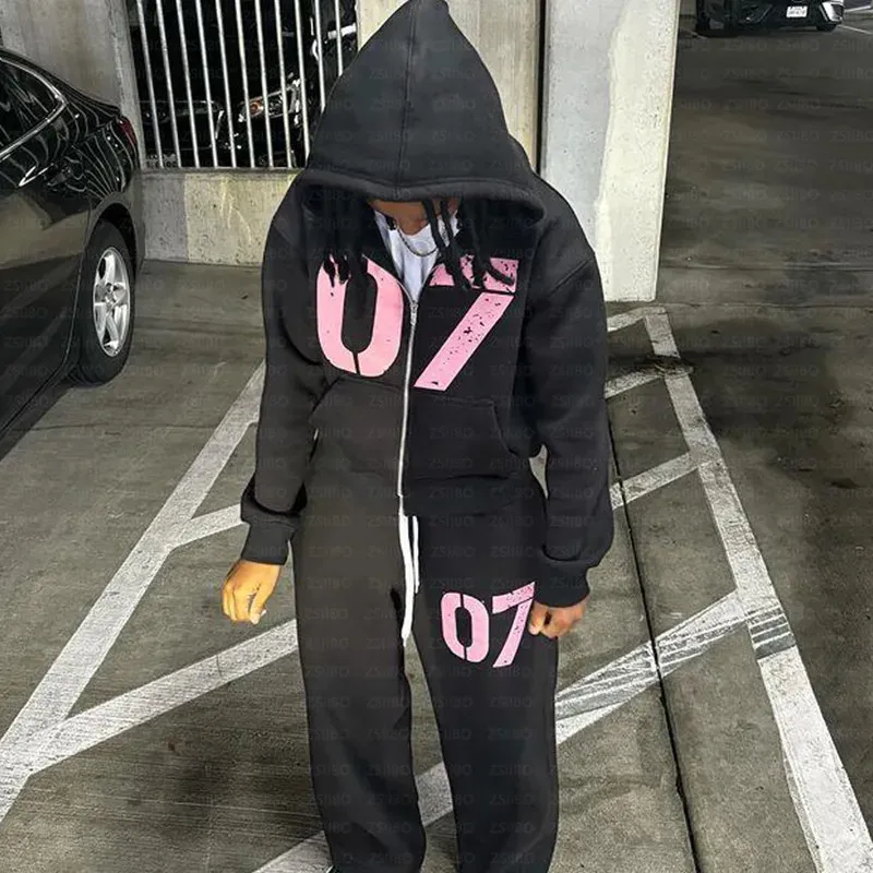 Y2K Numeral 7 Printed Zippered Pink Zip Up Hoodie For Men