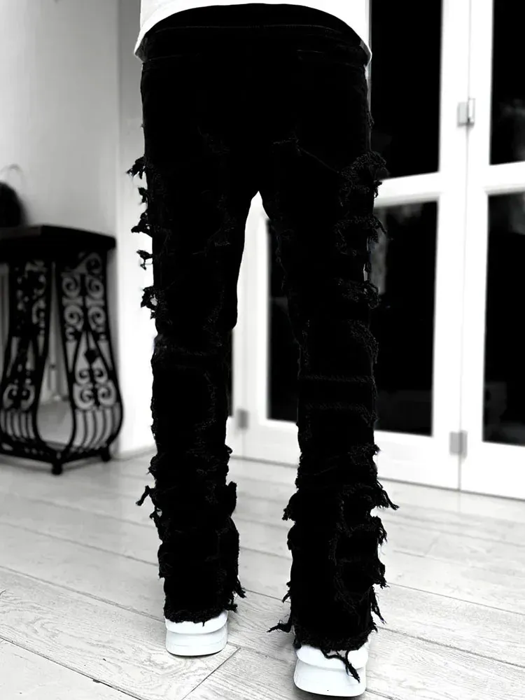 Men's White Stacked Denim Jeans Patchwork Distressed Trousers_voghion.com