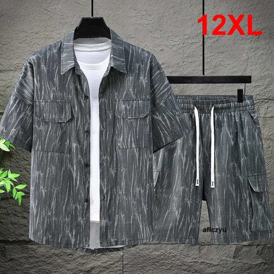 Summer Men's Suits Plus Size 10XL 12XL Cargo Sets Shirts Shorts Casual ...