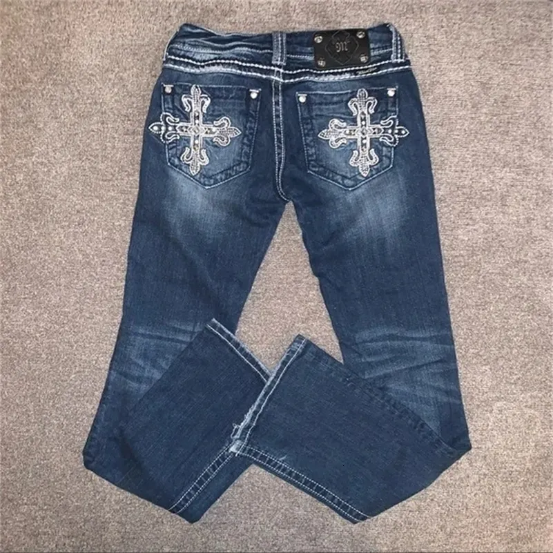 Gothic Retro Boot Cut baggy jeans with Blue Denim Embroidery
