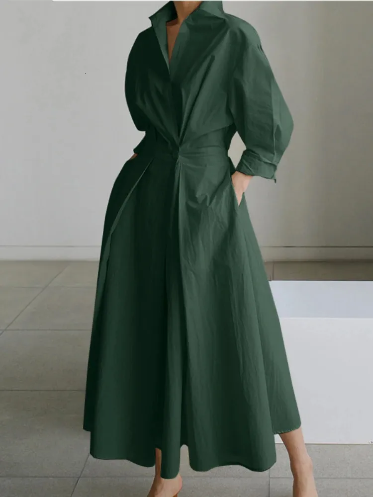 Korean Fashion Long Sleeve Maxi linen dress Women with Turndown Neckline and Ruched Detailing - S-5XL Sizes - Chic Autumn/Winter Streetwear for Women
