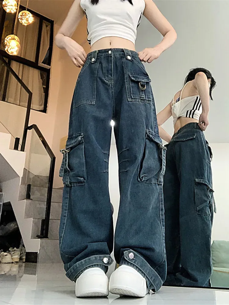 Pantalon Avec Plusieurs Poches Y2k Jeans Baggy Plissés Bleu Y2K