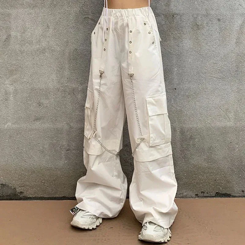 White Cargo Pants For Women High Waisted, Straight Leg, Loose Fit