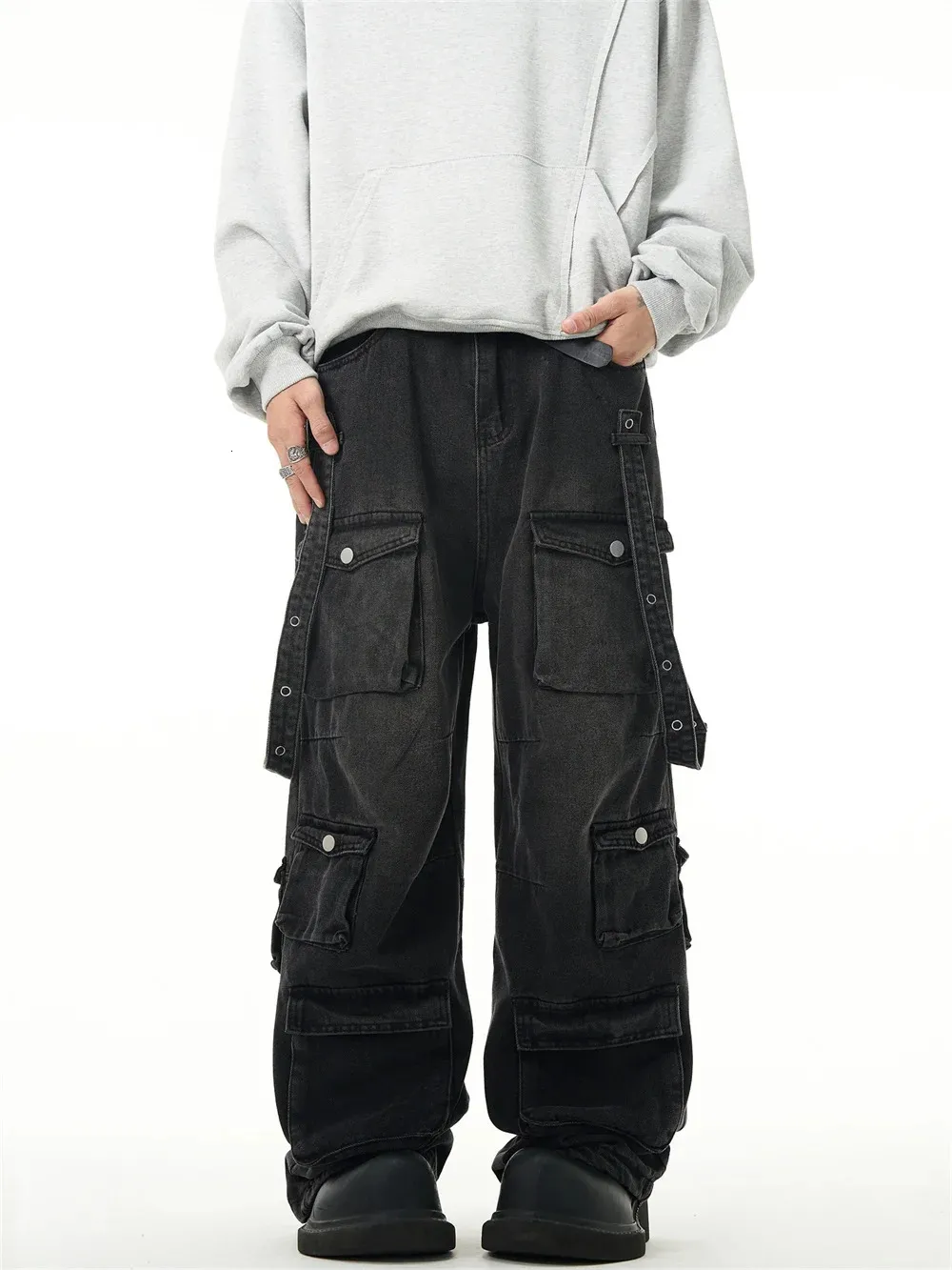 Black Cargo Jeans - Mens Baggy Y2K Streetwear Trousers: Wide