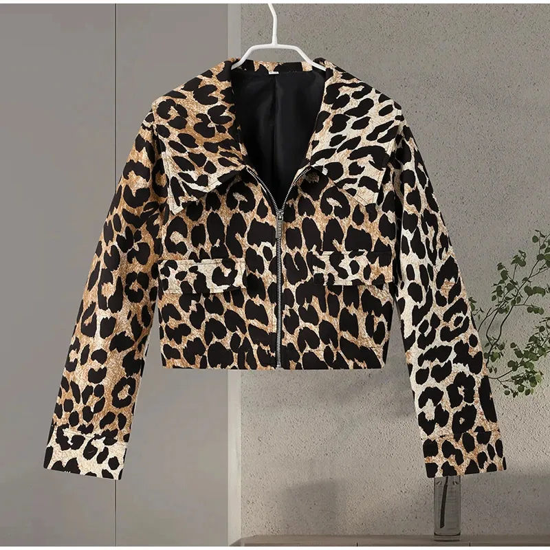 Leopard Print Cropped Biker Jacket: Y2K Fashion, Womens Moto