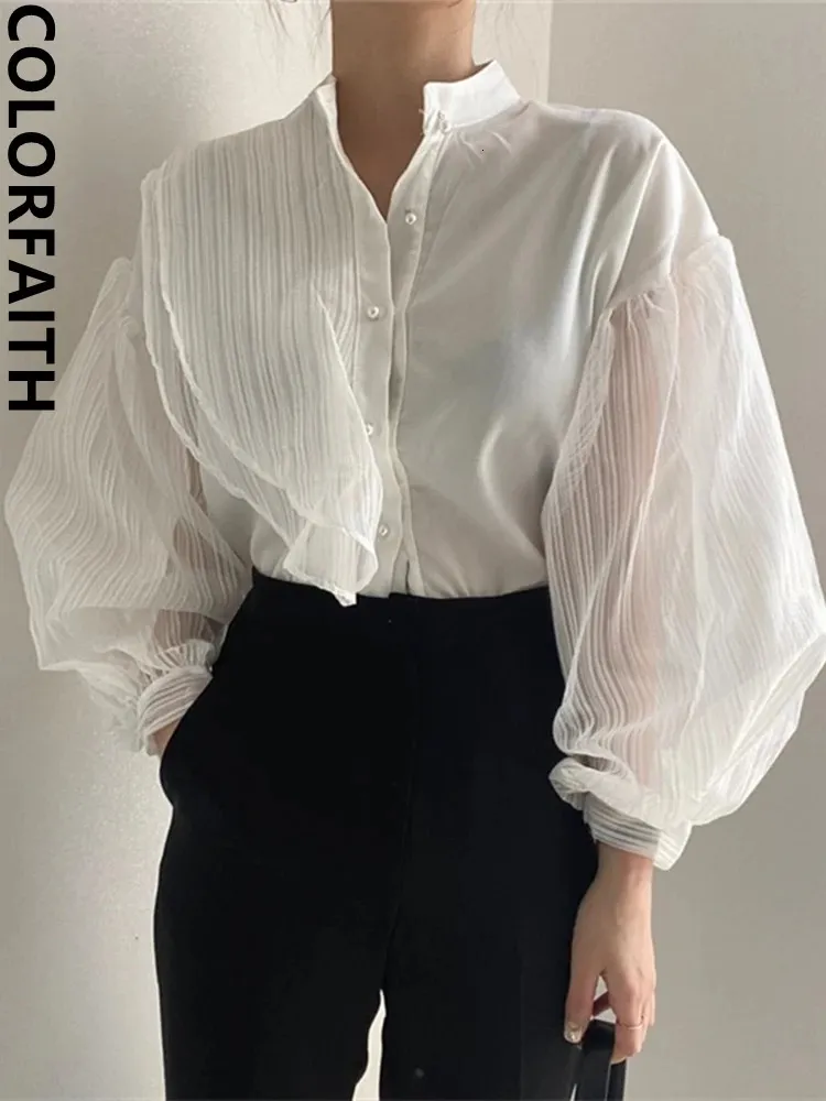 Colorfaith BL06620 Patchwork Tulle Blouses  From Sereinstore