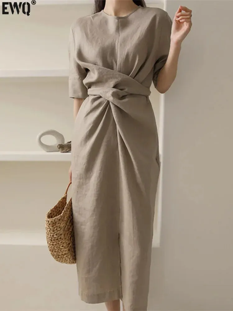 Japanese Style Irregular Waist Tied Cotton Linen Dress - Elegant Half Sleeve Long Dress for Women - Spring/Summer Fashion (EWQ 8043 240807)
