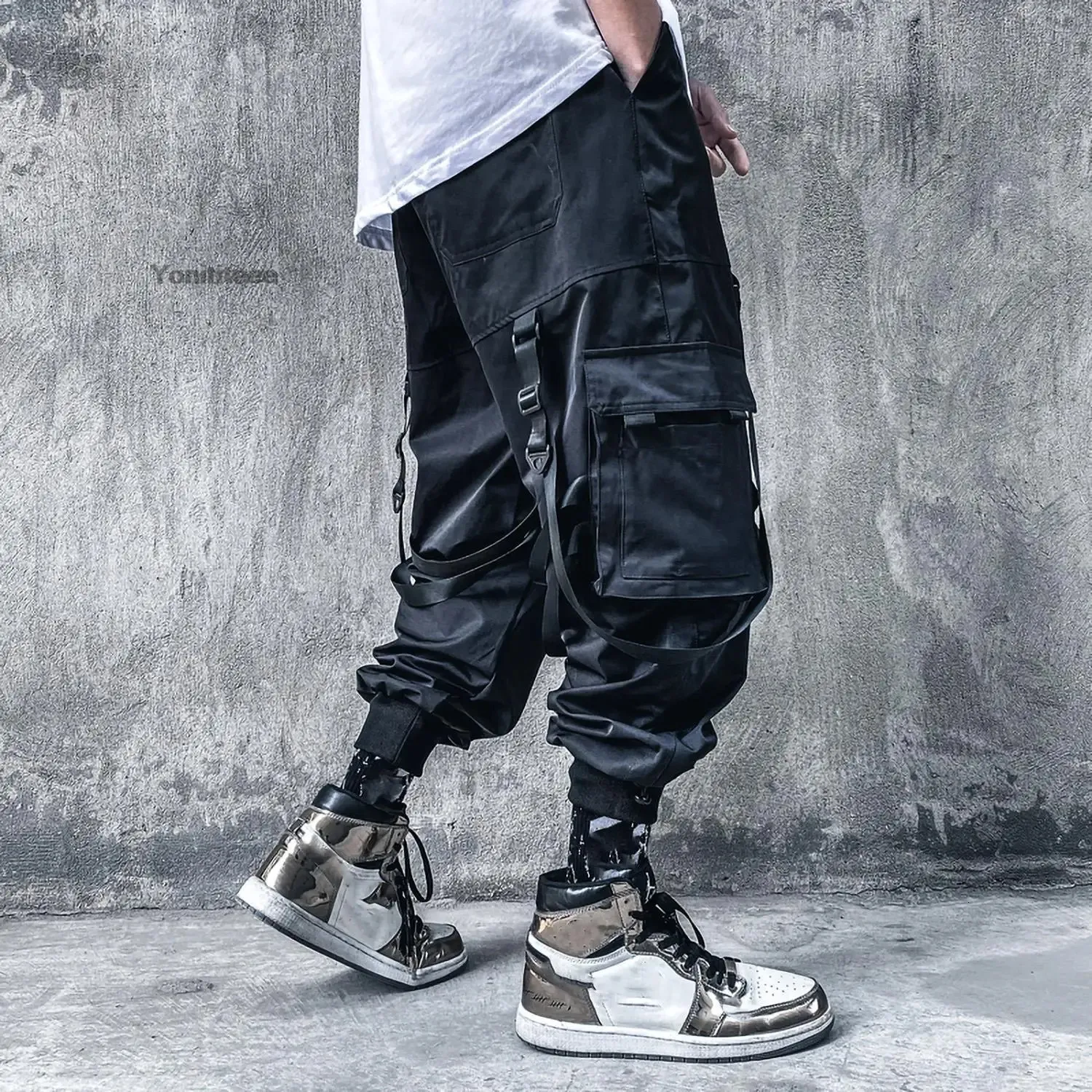 Mens Ribbon Straps Studded Techwear Jogger Punk Ankle Cargo