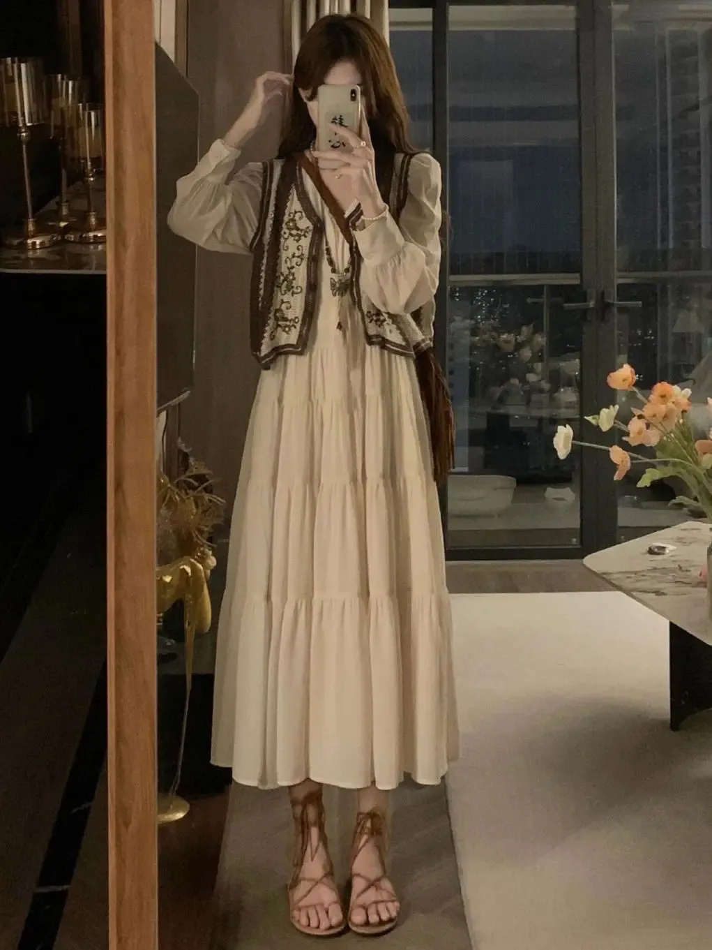 Chic Bohemian Embroidered Knitted Vest Dress Set for Women