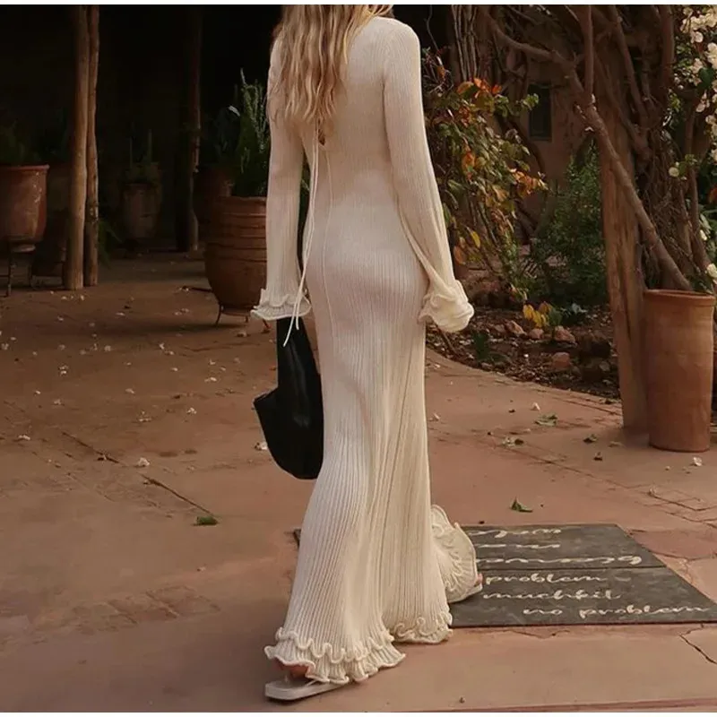 knee length dresses for ladies White Backless Knit Maxi Dress – Gabi Swimwear main image 1