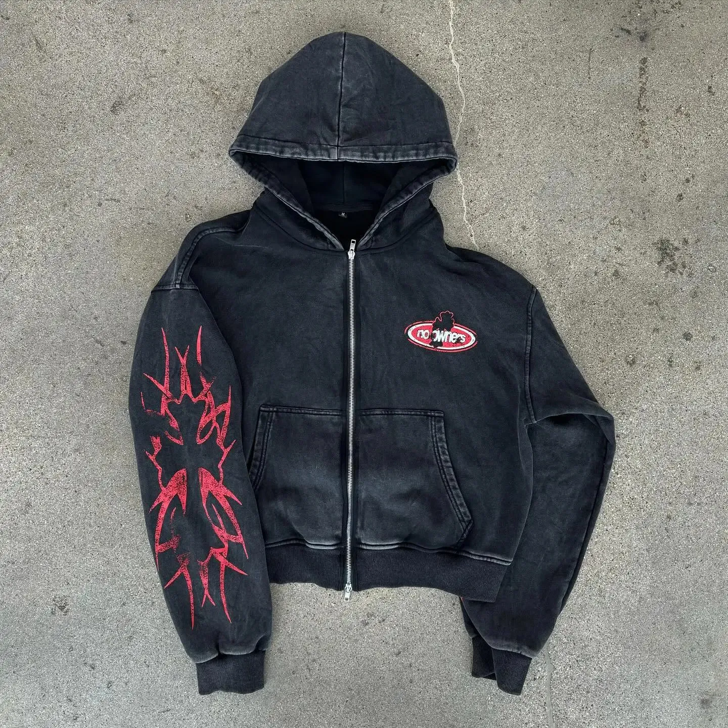 トップス X:ORDINARY BLACK ROSE WASHING HOODIE Trendy Acid Wash Zip Up Harajuku Hoodie - Retro Gothic