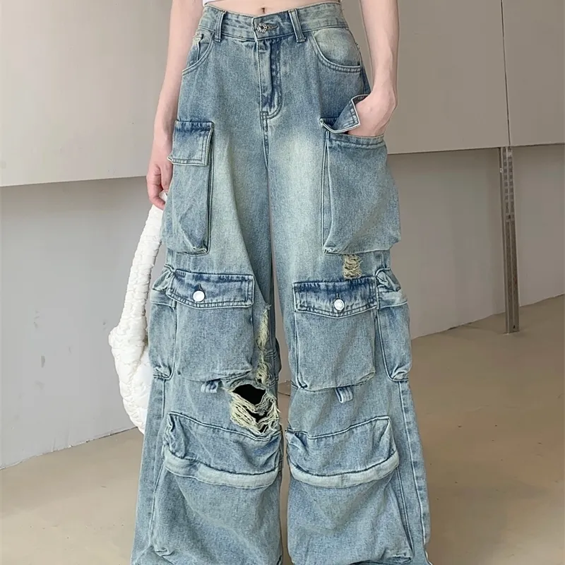 Denim Cargo Trousers: Womens Baggy Y2k Style Long Jeans Japanese