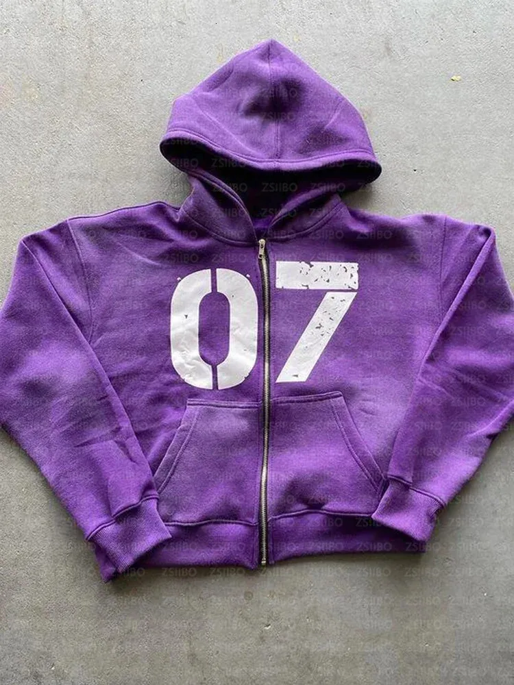 Y2K Numeral 7 Printed Zippered Pink Zip Up Hoodie For Men