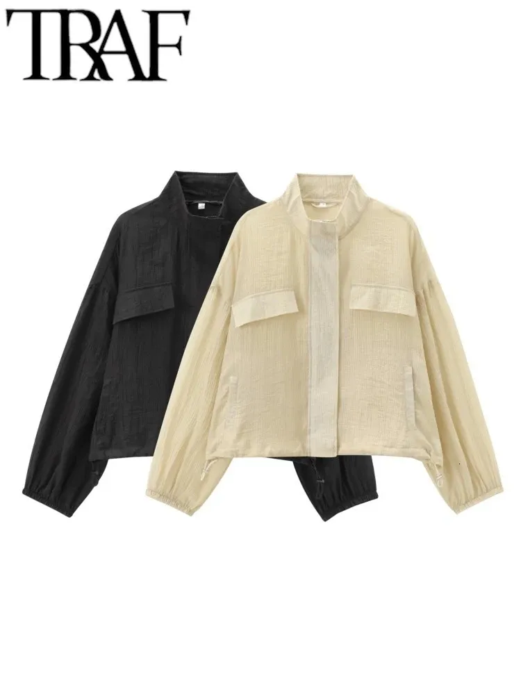 Women s Oversized Semi Transparent Bomber Jacket with Drawstring Hem Y2K Crop Top