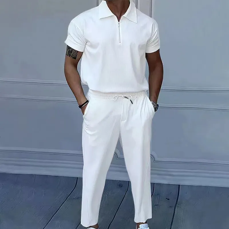 Stylish Men's Summer Outfit: Two-Piece Polo Shirt Pants Set Shop Now!  Best Seller
