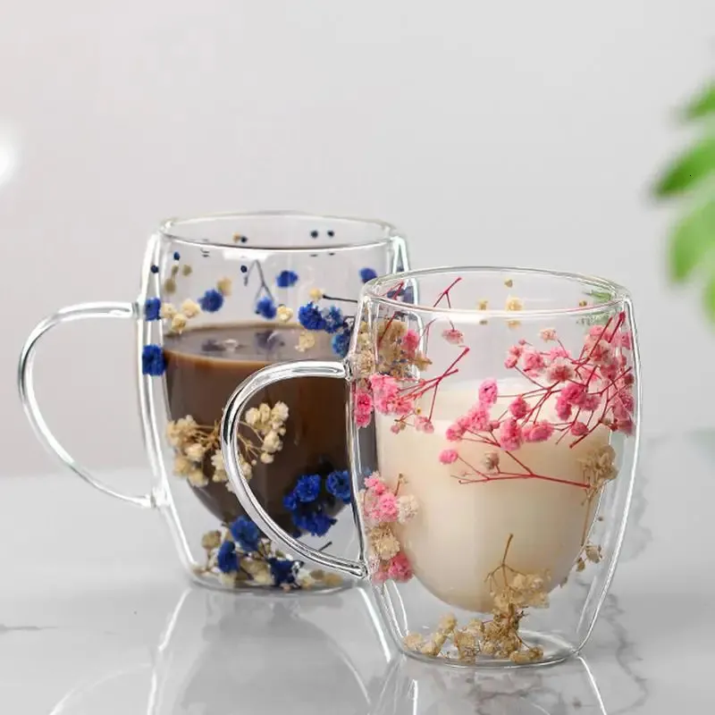HEXEH Mug Cups Double Wall Glass Cup with Handle Heat Resistant Dry Flower Sea DIY Juice Coffee Mug Gift Coffee Drink Cup (Color : A