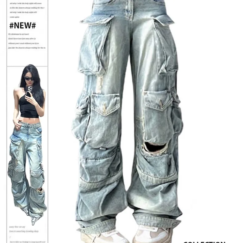 Denim Cargo Trousers: Womens Baggy Y2k Style Long Jeans Japanese