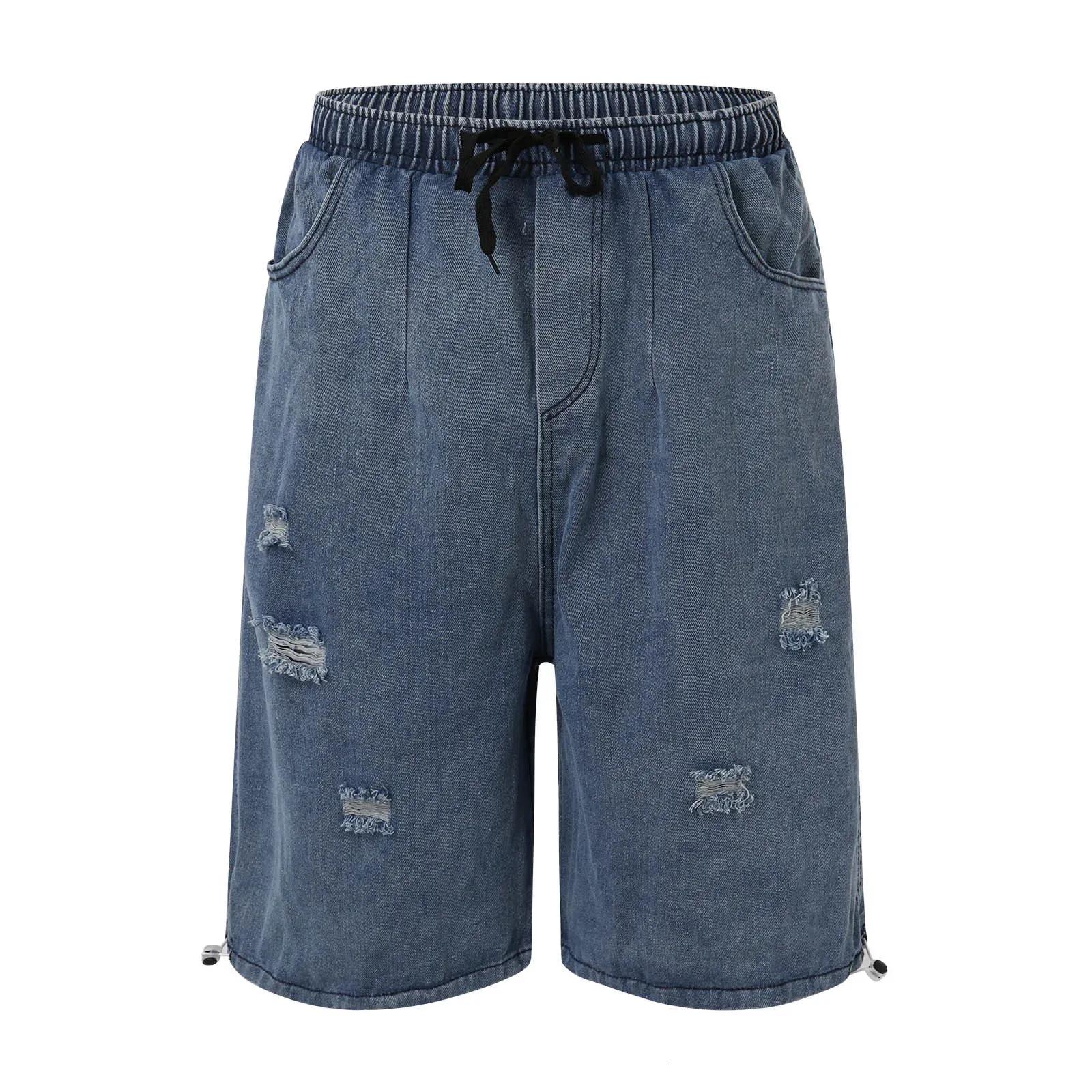Baggy Denim Cargo Shorts - Ripped Knee Length Jean Shorts