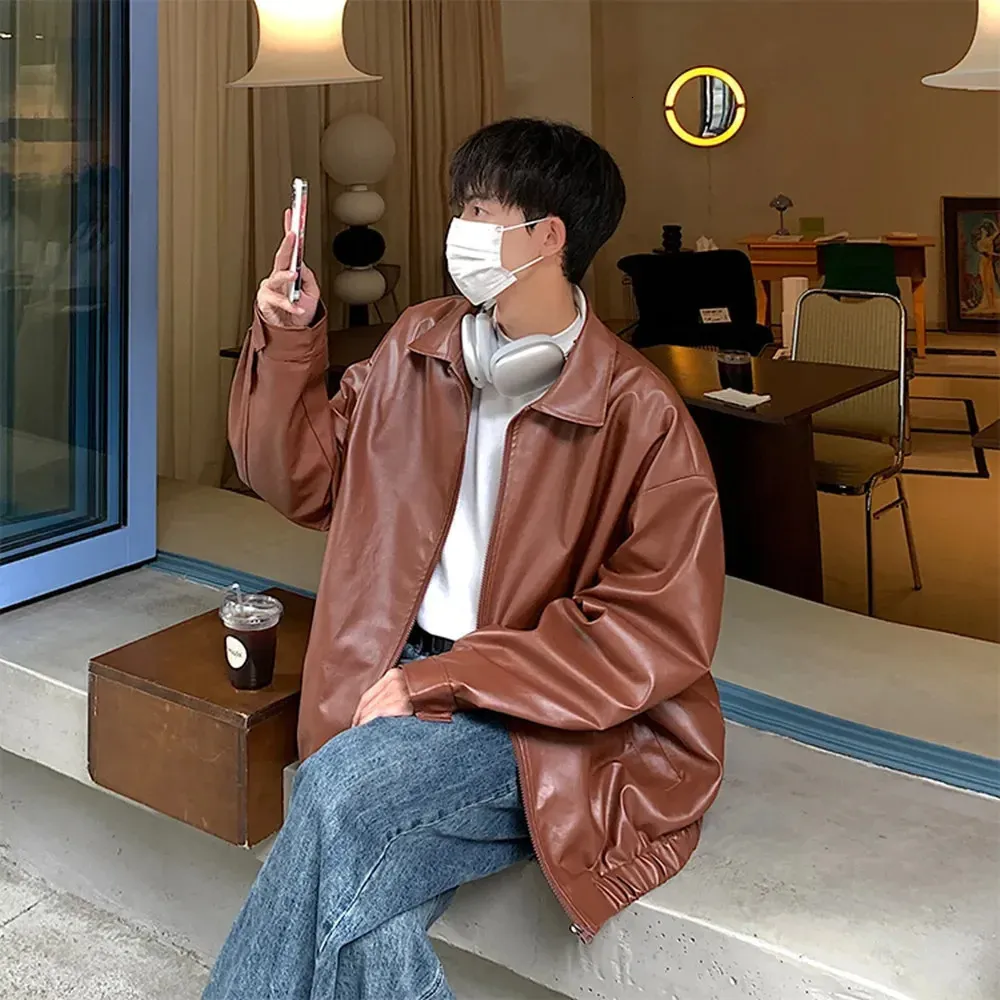 Mens Autumn Loose Retro American Leather Jacket With High