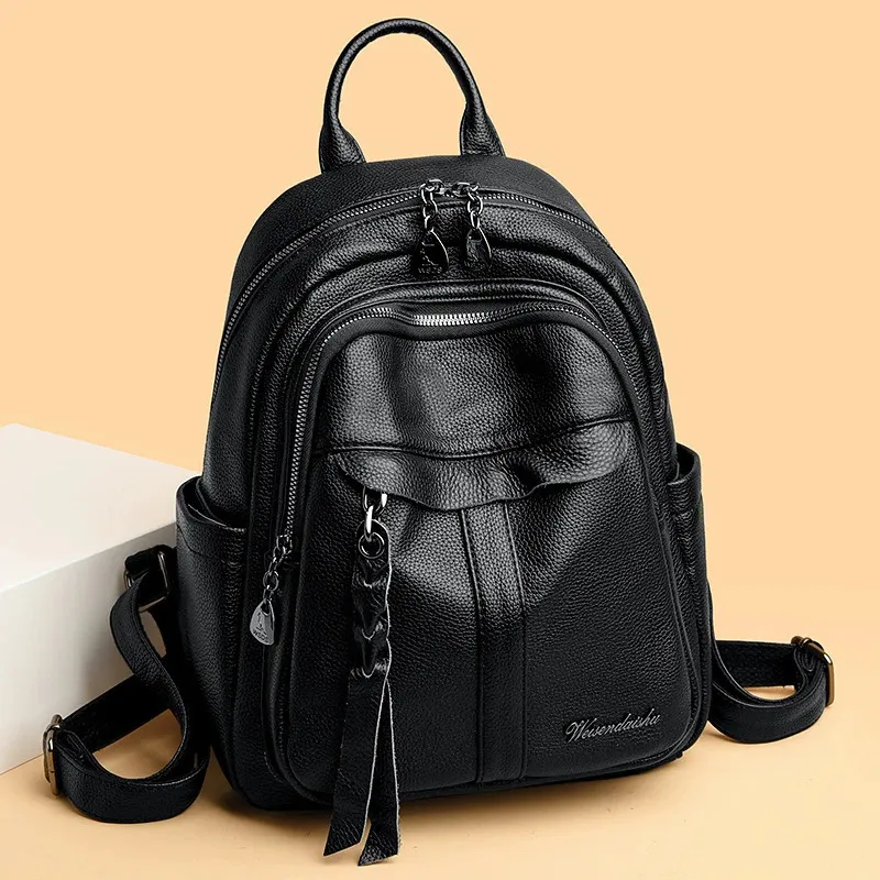 Mochila De Cuero Negro Para Mujeres: Bolsa De Viaje De Gran
