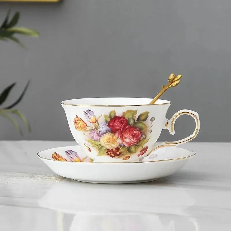 LXGSGDSG European Floral Coffee Cup & Saucer Set - Vintage Gold Trim Ceramic, Dishwasher Safe, Elegant Tea Set