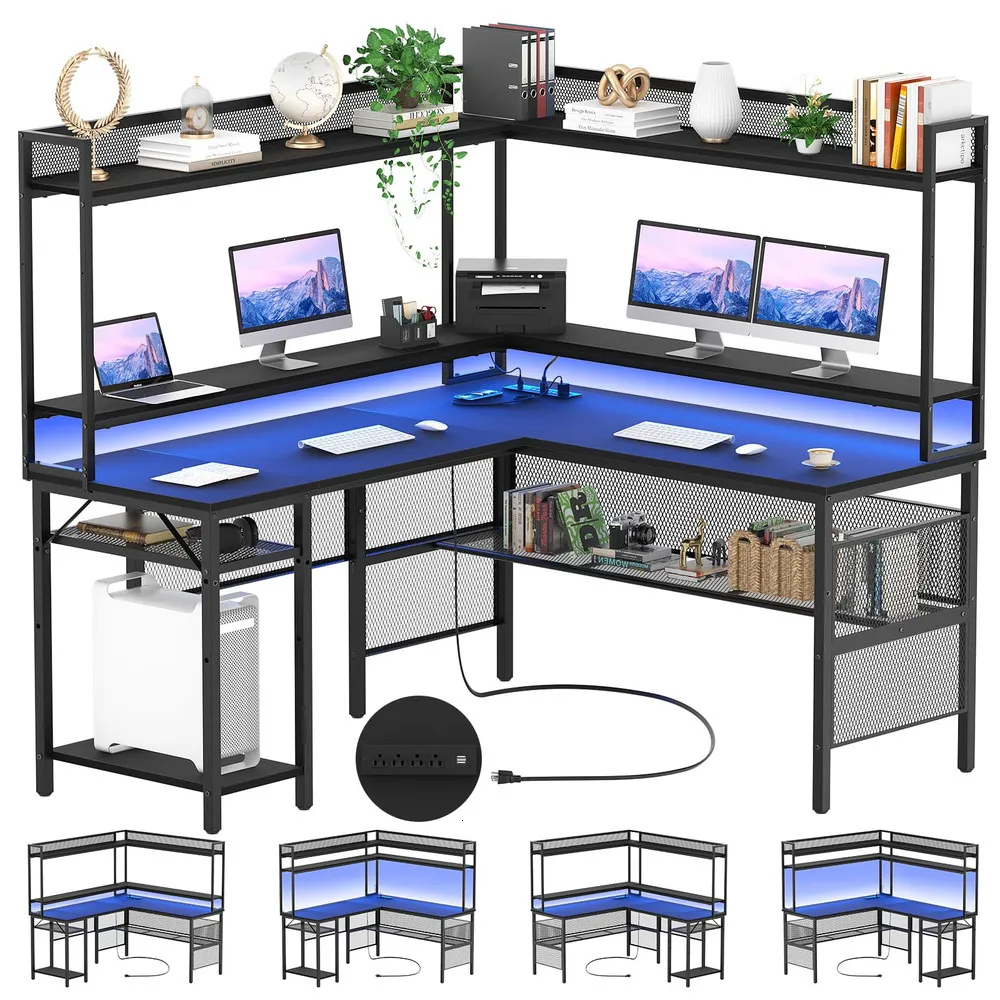 Reversible L Shaped Computer Desk With Power Outlet, Commercial Storage ...