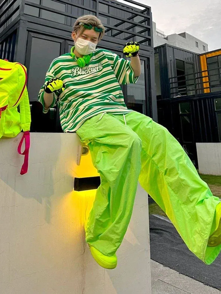 DEEPTOWN Oversize Y2K Green Cargo Parachute Pants  From
