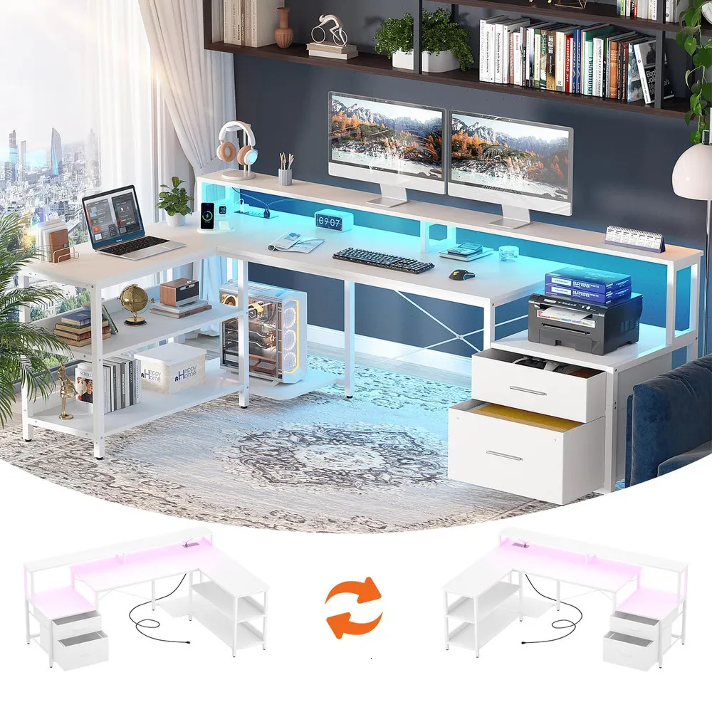 L Computer Reversible L Shaped Computer Desk With File Drawer, Monitor Stand, LED ...