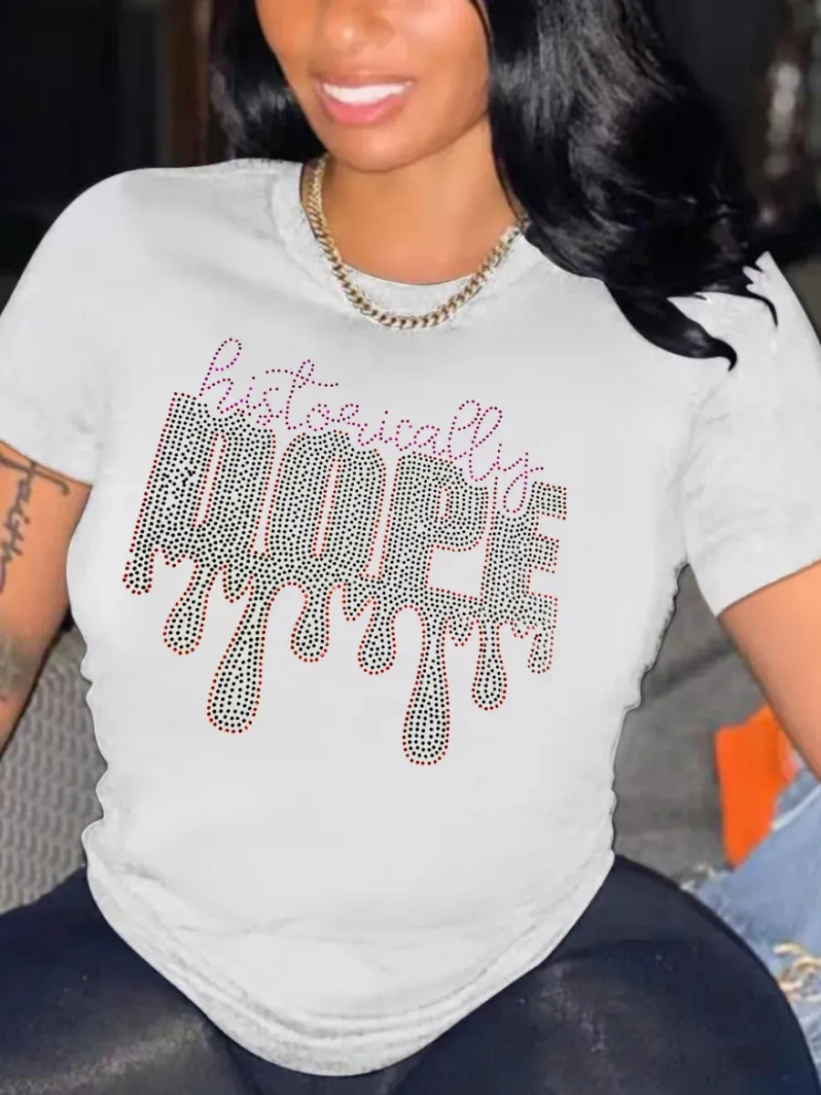 LW Plus Size T Shirt Summer Short Sleeve Rhinstone T Shirt O