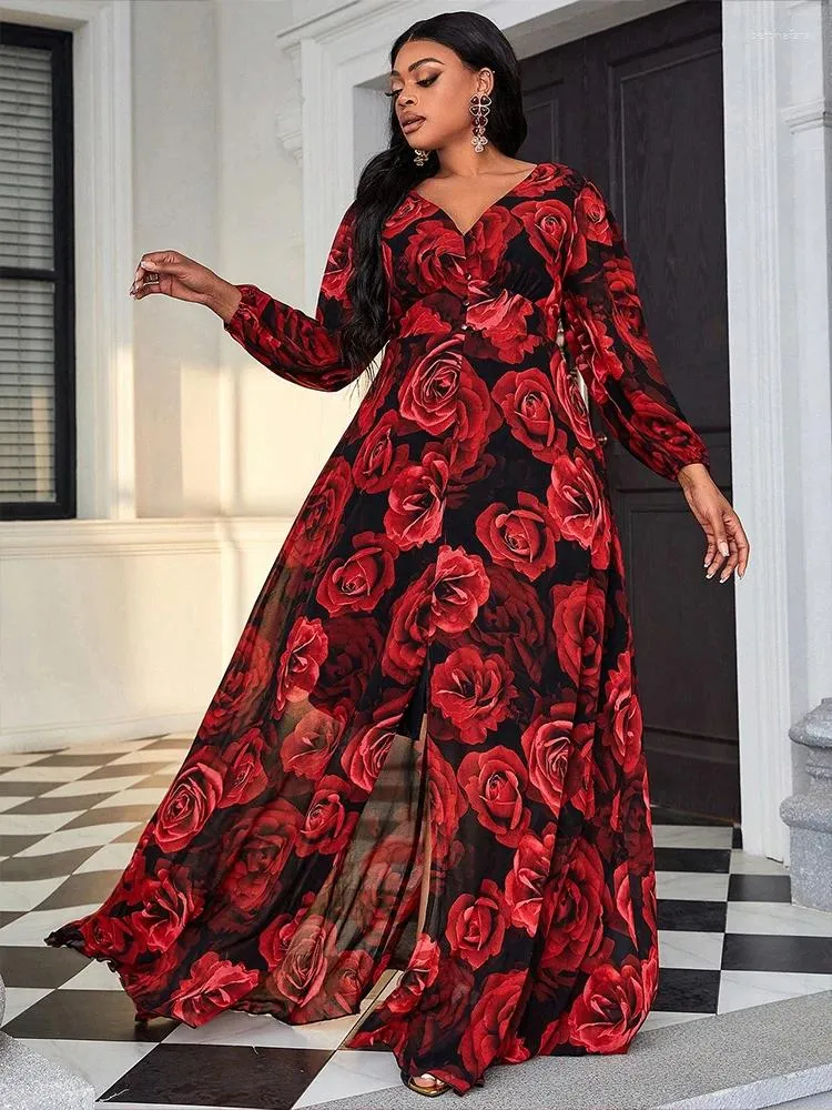Printed Lantern Red Floral Maxi Dress For Plus Size Women Formal Evening Ball Gown With High Slit And Sexy A Line Chiffon From Bertinafara 25.98 DHgate.Com
