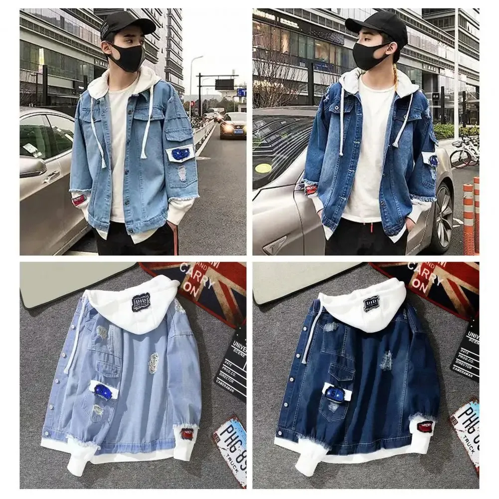 【mnem】Toque Hood Denim Jacket Hooded Denim Jacket Men Turn Down Collar Casual Jean