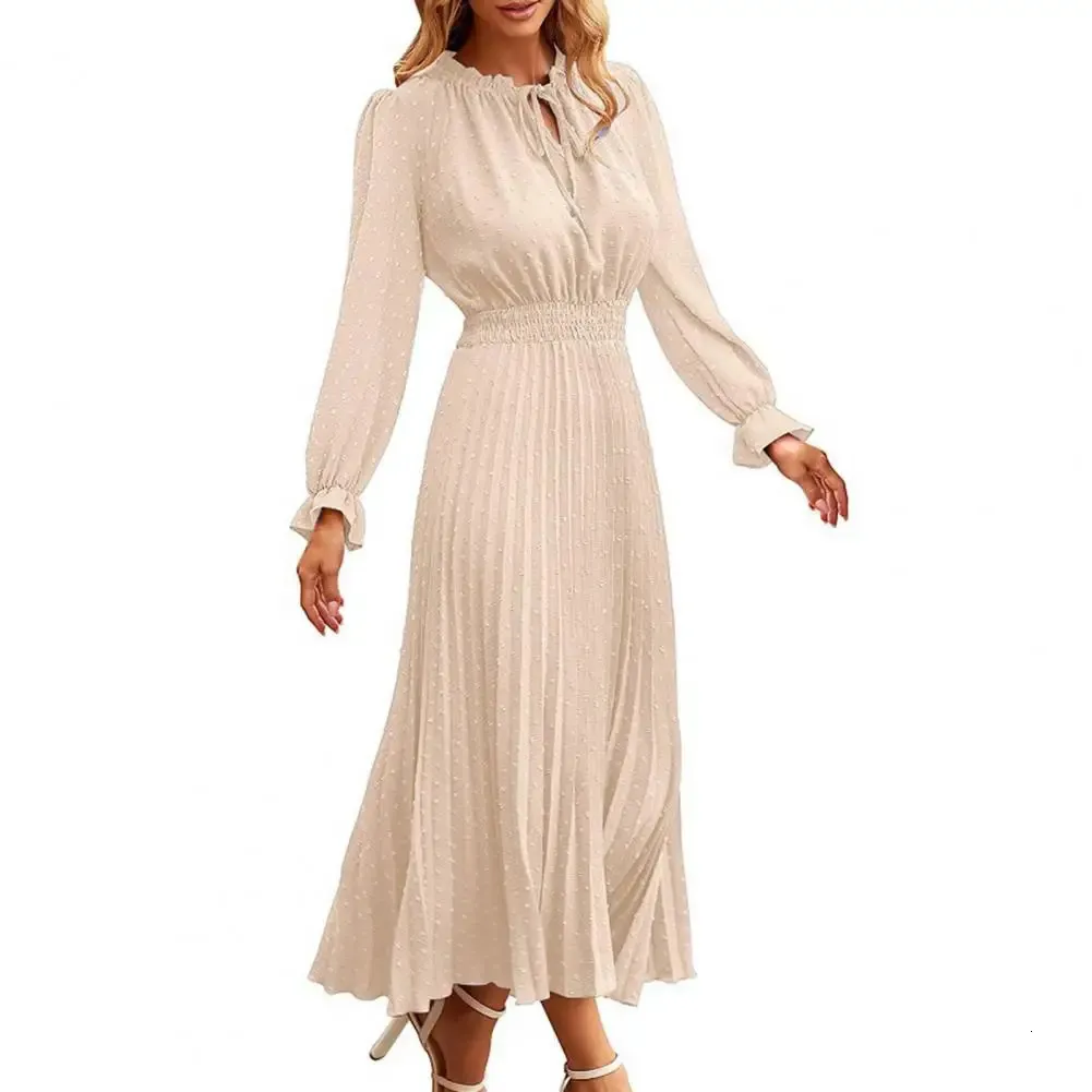 Women Spring Autumn Dress Long Sleeve V Neck Dot Print Pleated High Tight Waist Lace Up Mid-Calf Length Lady Midi Dress 240807