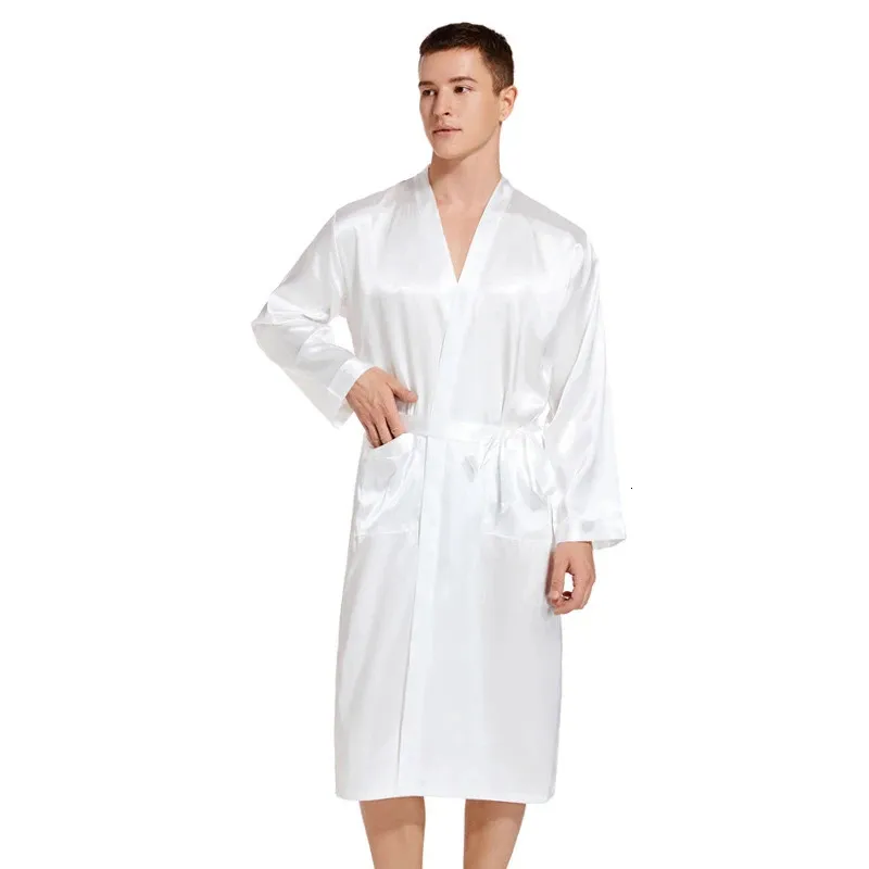 Robe De Quimono De Cetim Masculino Leve, Branco Sólido, Decote Em
