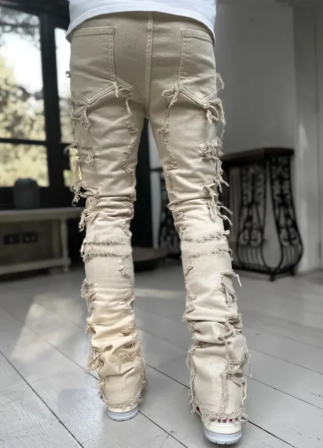 Men's White Stacked Denim Jeans Patchwork Distressed Trousers_voghion.com