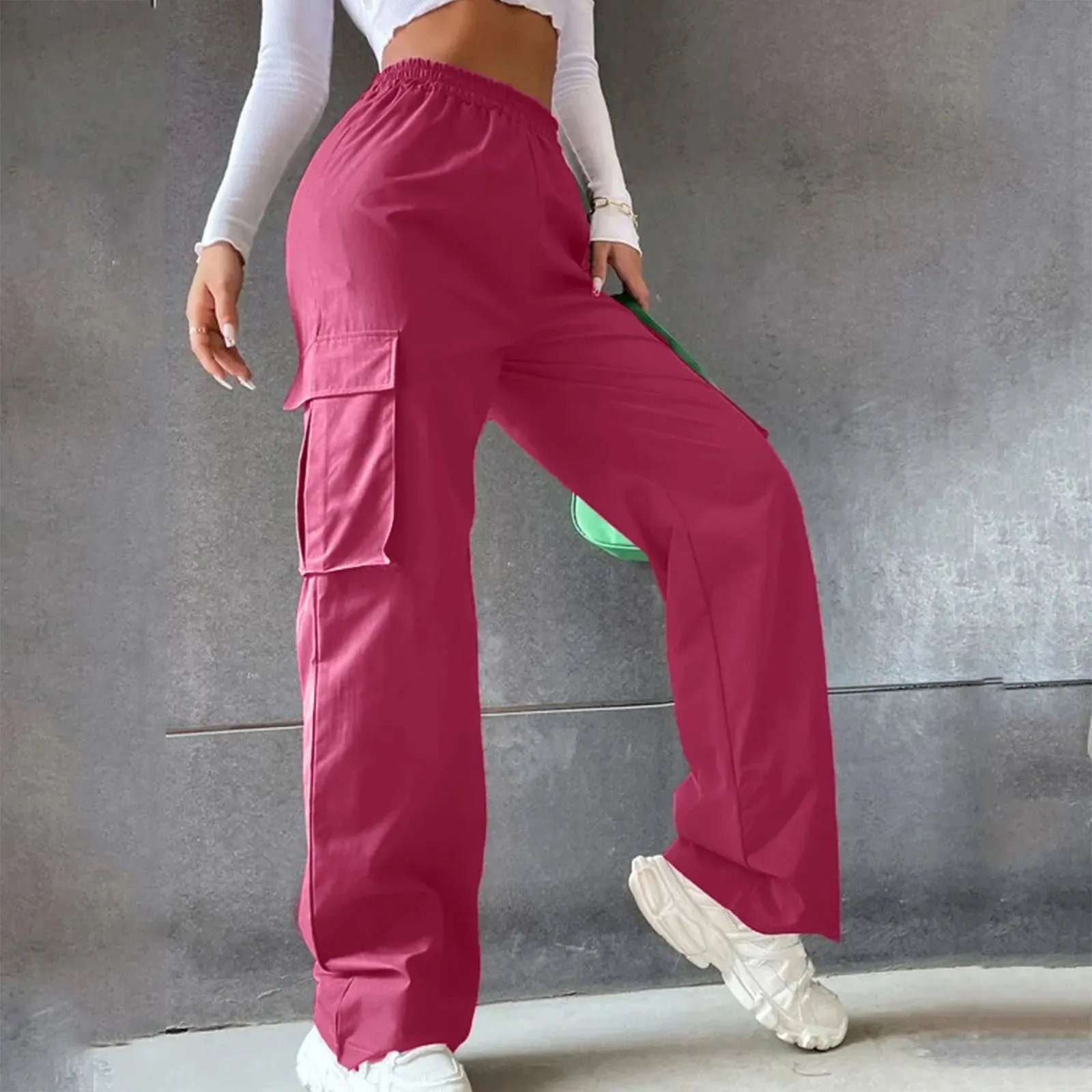 Save Big on Bulk Y2k Cargo Trousers Cargo Pants Streetwear Women's Multi  Pocket Loose Fit Cargo Trousers, Casual Elastic Waist Solid Color Pants  - Main Image