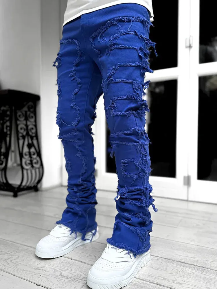 Men's White Stacked Denim Jeans Patchwork Distressed Trousers_voghion.com