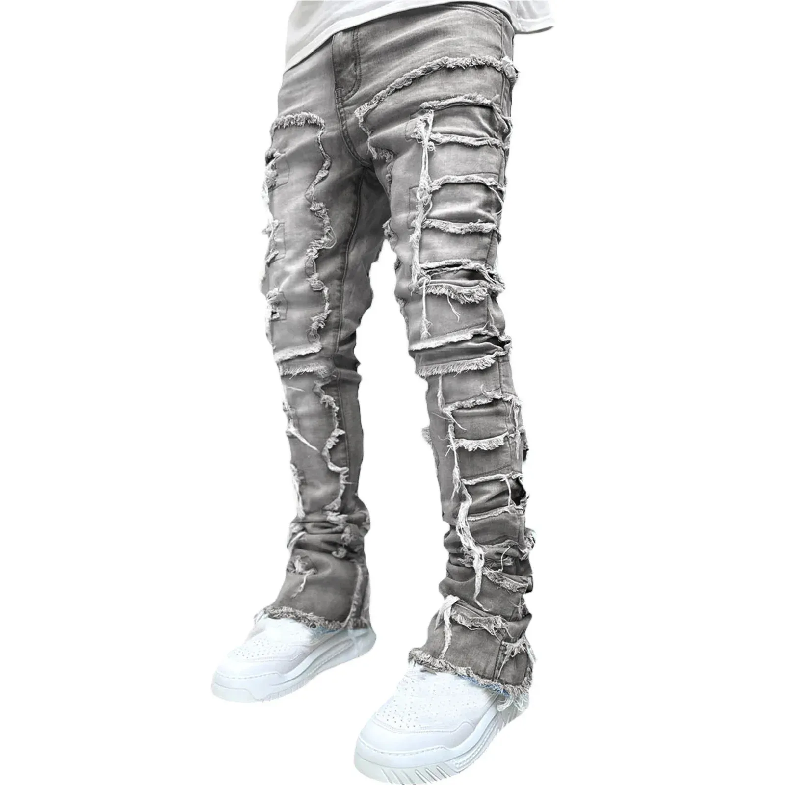 Men's White Stacked Denim Jeans Patchwork Distressed Trousers_voghion.com