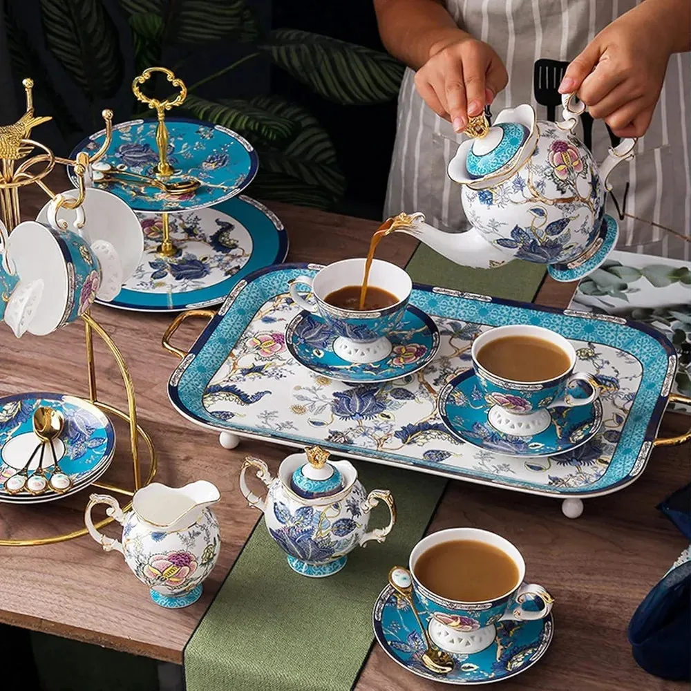 Bone China Tea Set Porcelain 6 Retro Cups and Sauce 501-600ml