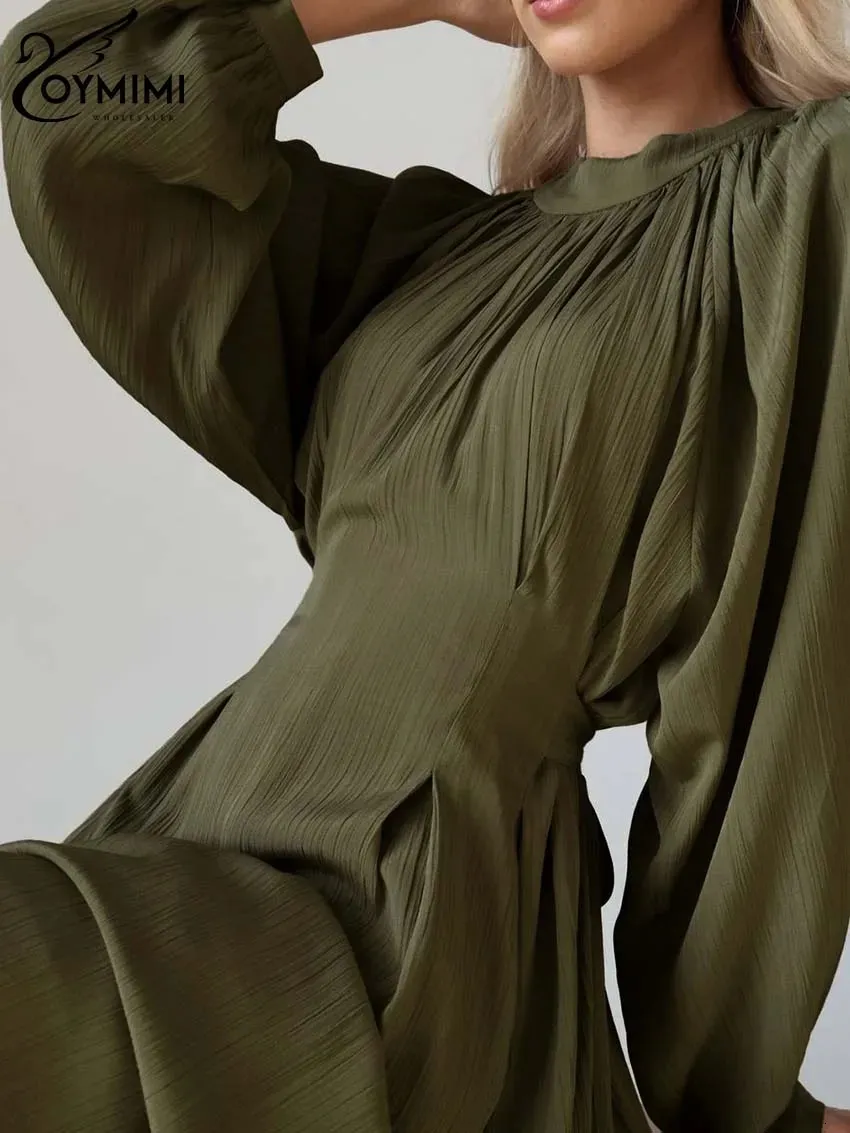 Green O-Neck Pleated Lace-Up Dress for Women - Oymimi Casual, Elegant, High Waist, Mid-Calf, Spring Style (240807)