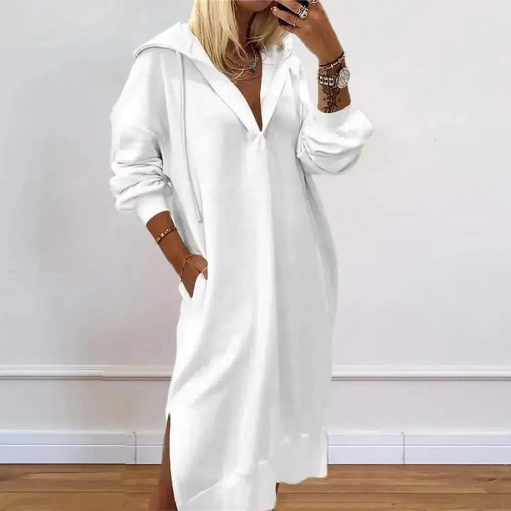 Cozy Hooded Knit Midi Dress with Side Split Pockets for Women - Perfect for Daily Wear in Fall and Winter (Loose Fit) Cozy Hooded Knit Midi Dress with Side Split Pockets for Women - Perfect for Daily Wear in Fall and Winter (Loose Fit)