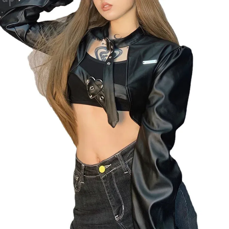 Buckled Cropped Faux Leather Jacket: Punk Streetwear Style