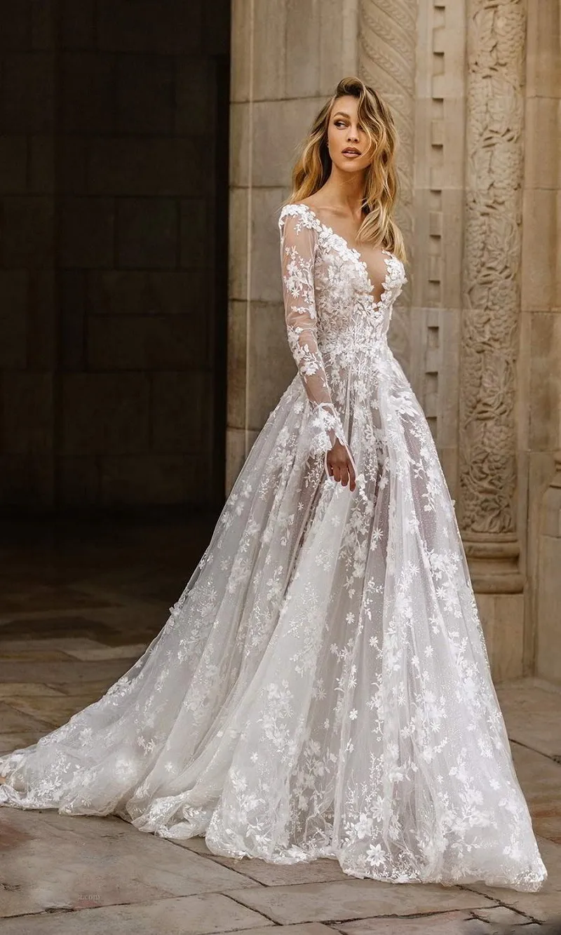 A-Line Wedding Dress with Full Sleeves, V-Neckline, Floor-Length Tulle, Lace  Applique, and Long Open Back from Dhgate A-Line Wedding Dresses - price  401.98