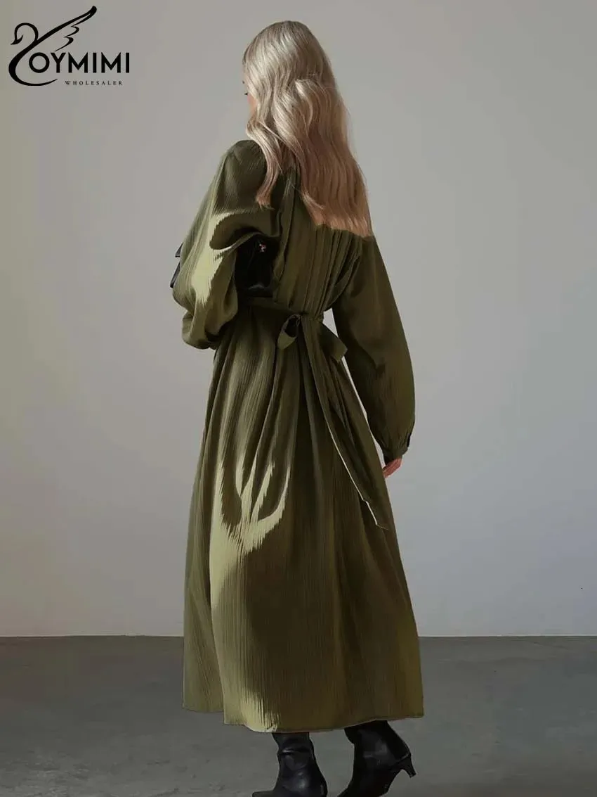 Green O-Neck Pleated Lace-Up dress for Women - Oymimi Casual, Elegant, High Waist, Mid-Calf, Spring Style (240807)
