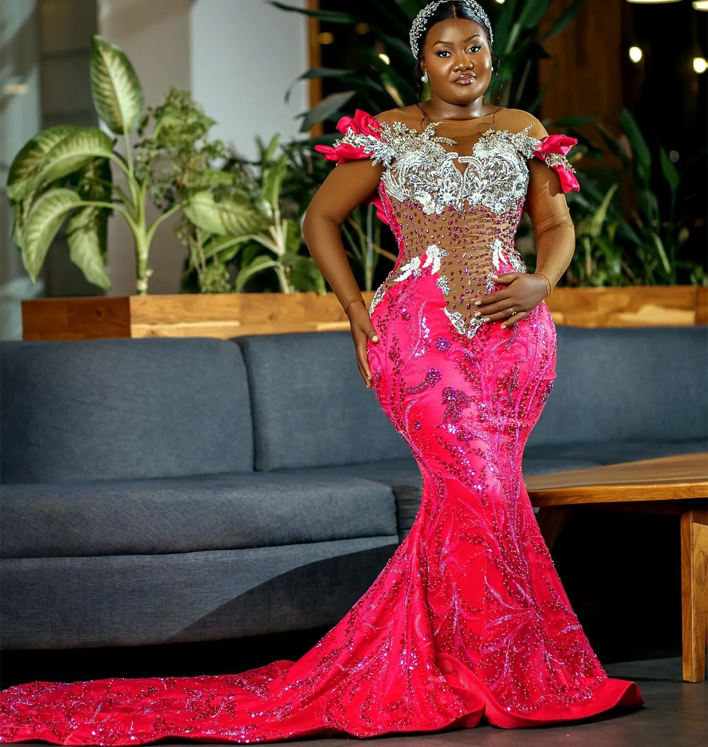 chinese dress ladies Pink Rhinestone Chapel Feather Train Mermaid Prom Dress main image 1