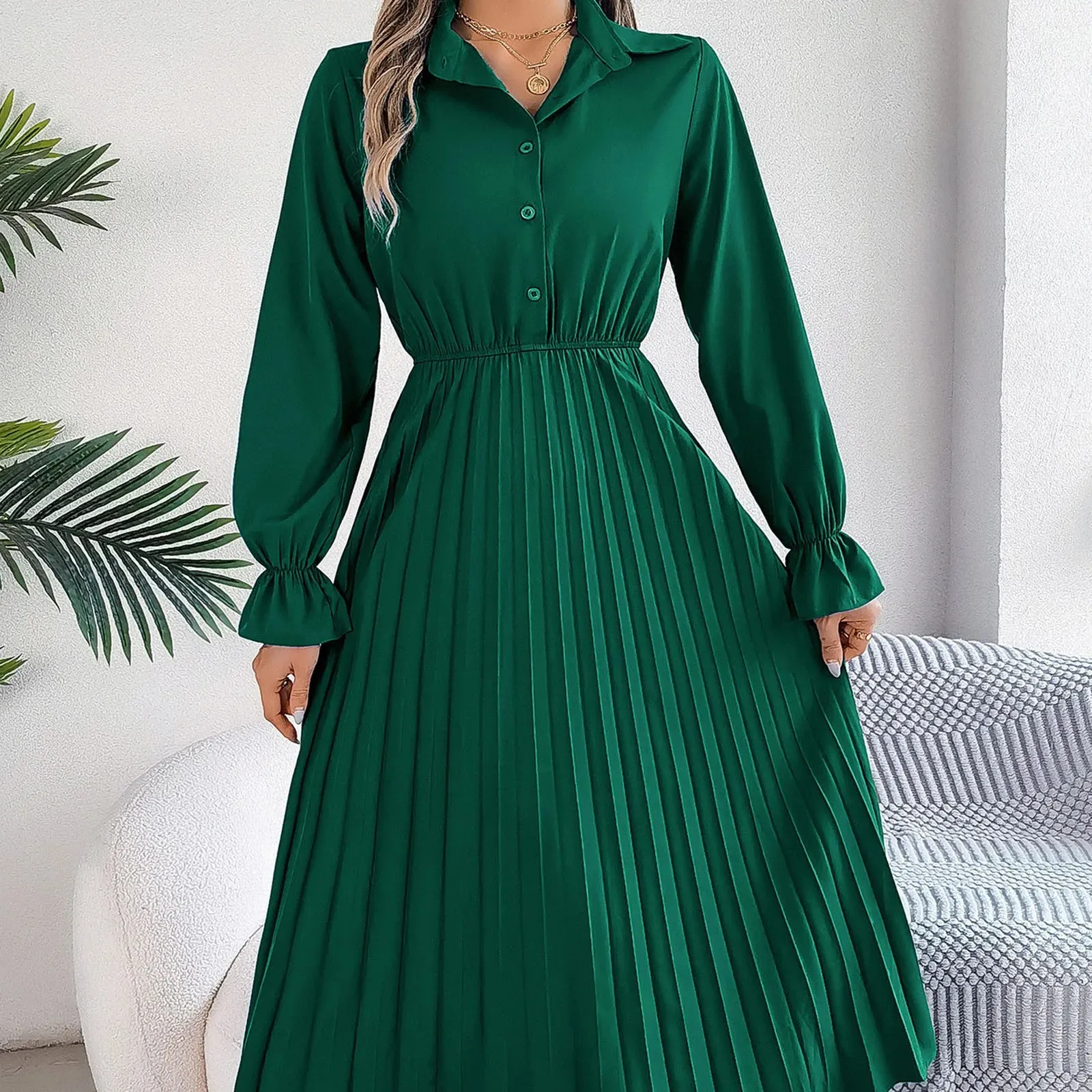 Women's Casual Lace Button dress with Pleated Skirt - Autumn/Winter Collection