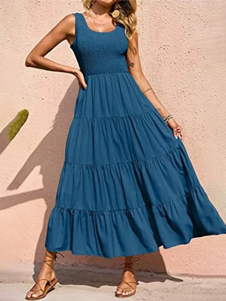 LONGYUAN Women's Stretchy Sun Dress With Pockets - Sleeveless Tank Dress, Rayon-Spandex, High Waist, Asymmetrical Hem