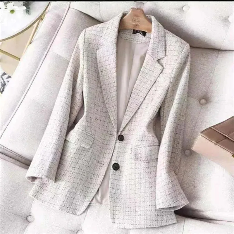 Ladies Tweed Jacket Womens Wool Blend Blazer, Elegant Long Sleeve