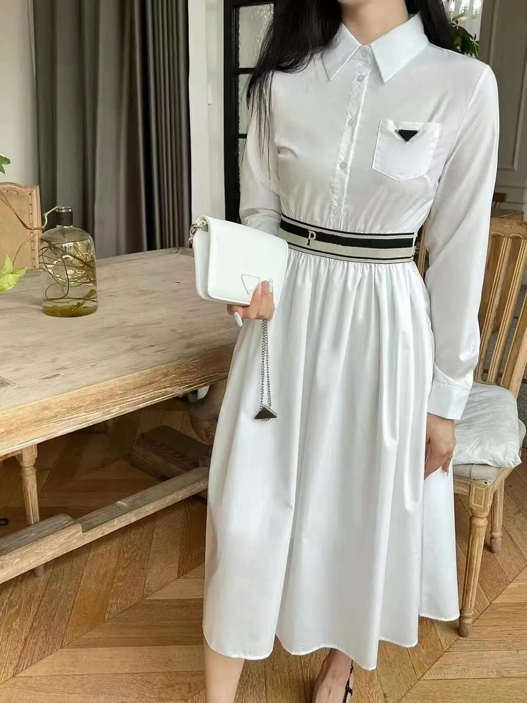 Elegant Women's White Dress: Parisian Style, Short Sleeve Shirt Skirt,  Stretch Waist, Designer Fashion Show Ready