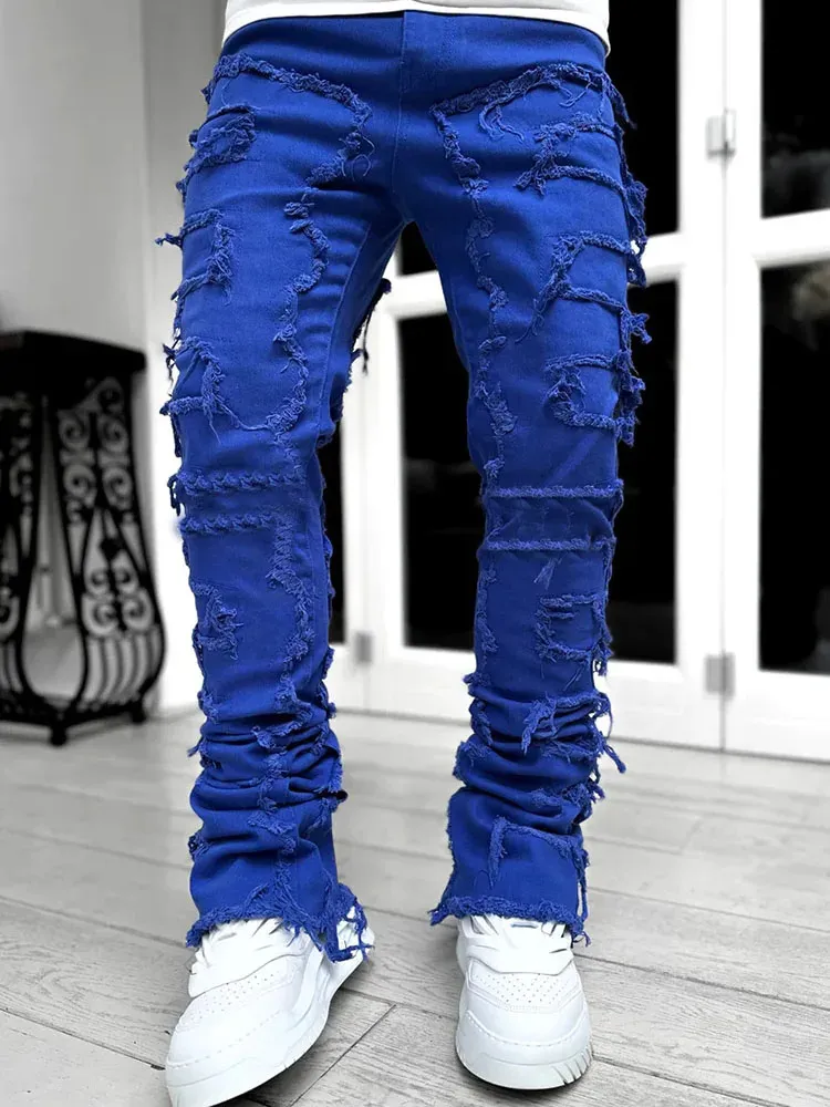 Men's White Stacked Denim Jeans Patchwork Distressed Trousers_voghion.com