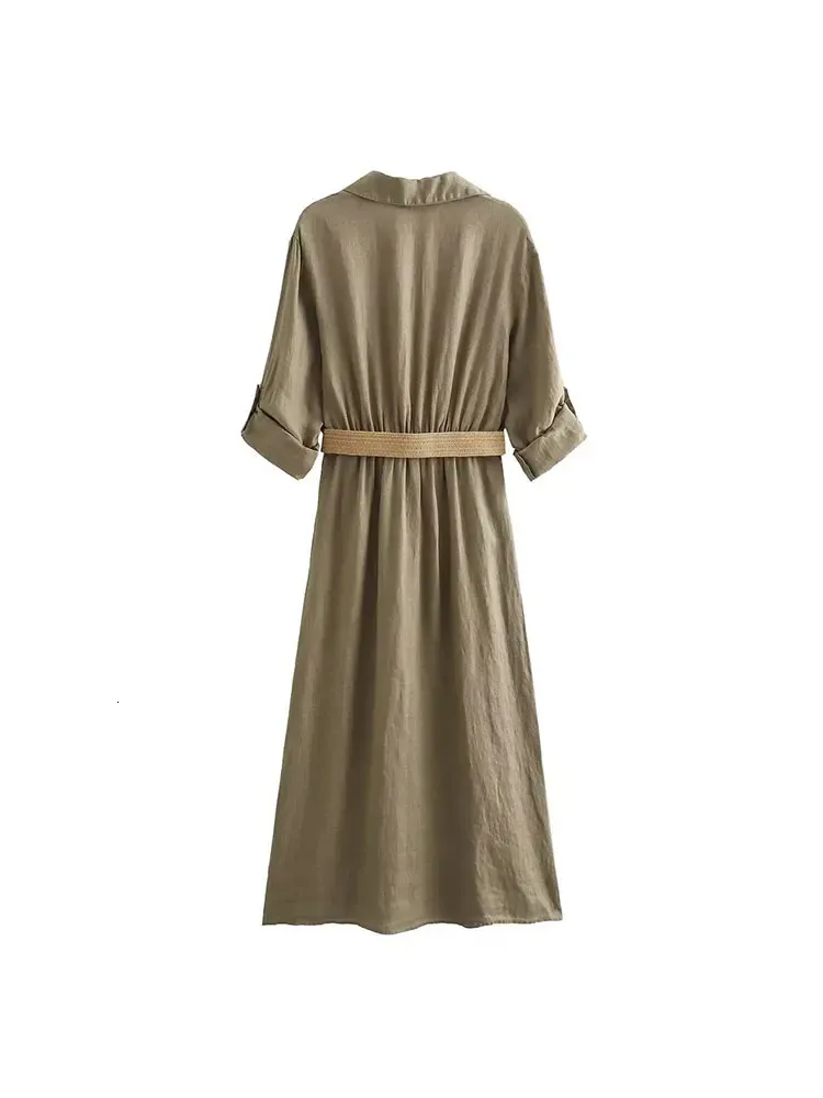knee length dresses for ladies Khaki Brush Stroke Print 3/4 Sleeve Tie Waist Wrap Shirt Midi Dress – AX  Paris US